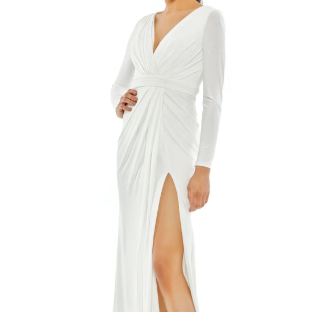 Mac Duggal 26554 V-Neck Jersey Thigh Slit Long Sleeve White Gown Sz 12